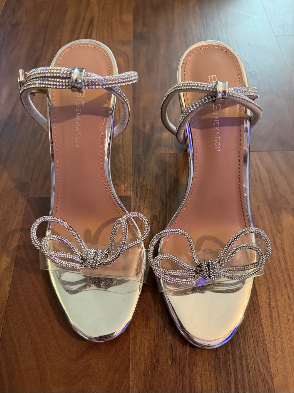 BCBGeneration Metallic Silver Bow Ankle-Strap Heels